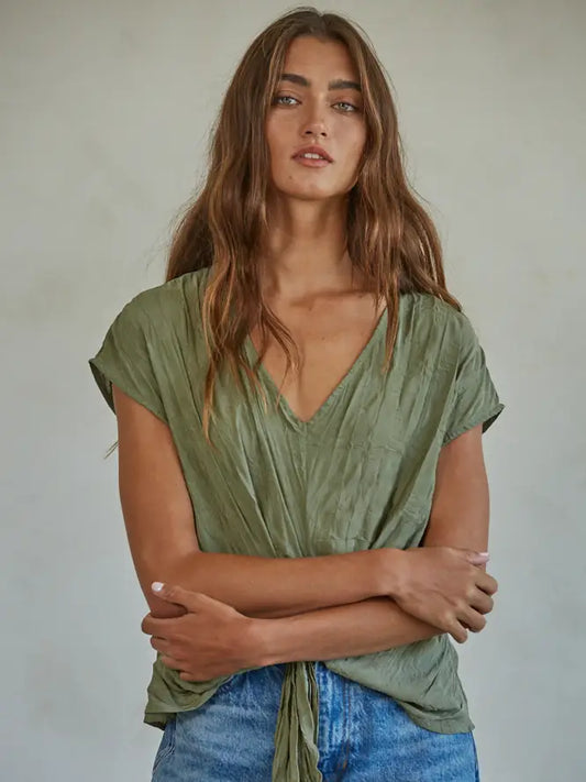 Woven Polyester V-Neck Sleeveless Top with Front Tie