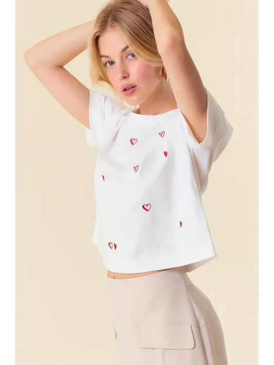 Round Neck Short Sleeve Heart Embroidered Top