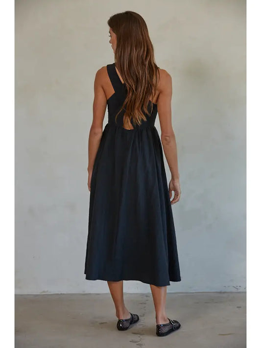 Woven Polyester Nylon Back Cross Strap Midi Dress