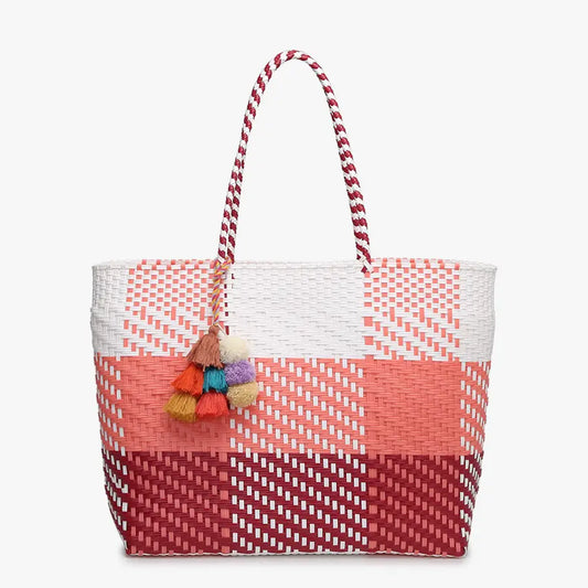 Shelby Large Handwoven Tote w/ Pom-Poms