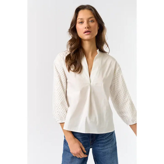V Notch Neck 3/4 Mesh Knit Sleeve Top