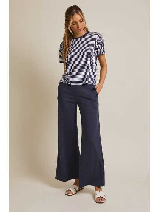 Short Sleeve Stripe Top and Waist Tie Flare Hem Pants