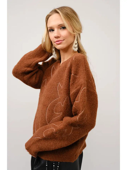 Western Boots Stitch Pattern Crew Neck Sweater