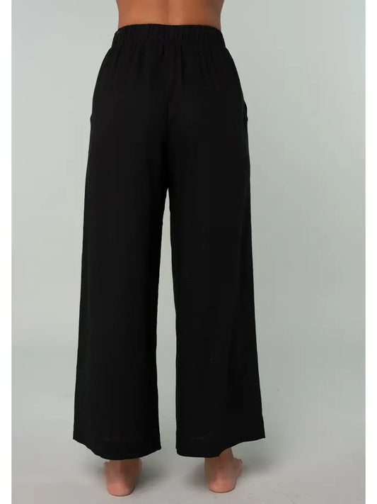 Black Linen Blend Straight Leg Bottoms