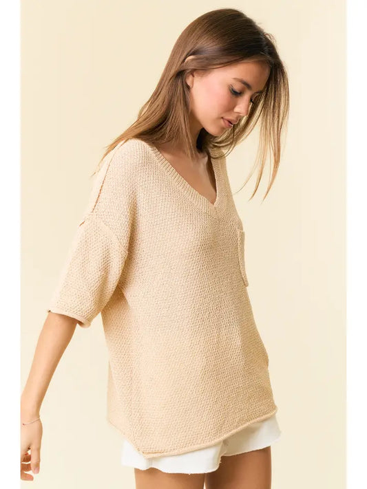 V-Neck Dropped Short Sleeve Exposed Seam Sweater