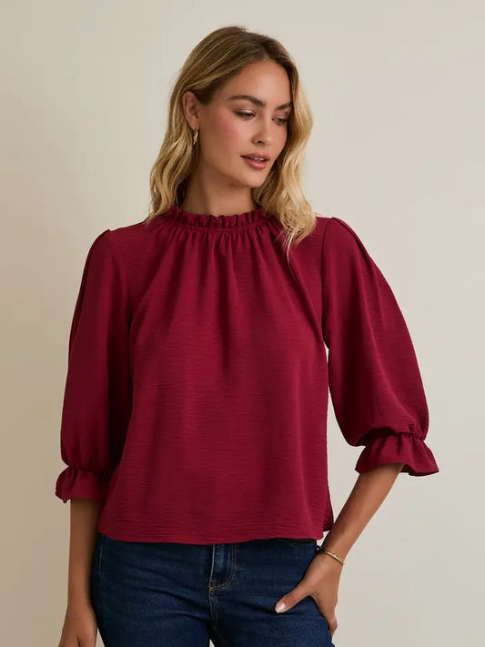 Ruffle Mick Neck 3/4 Sleeve Top