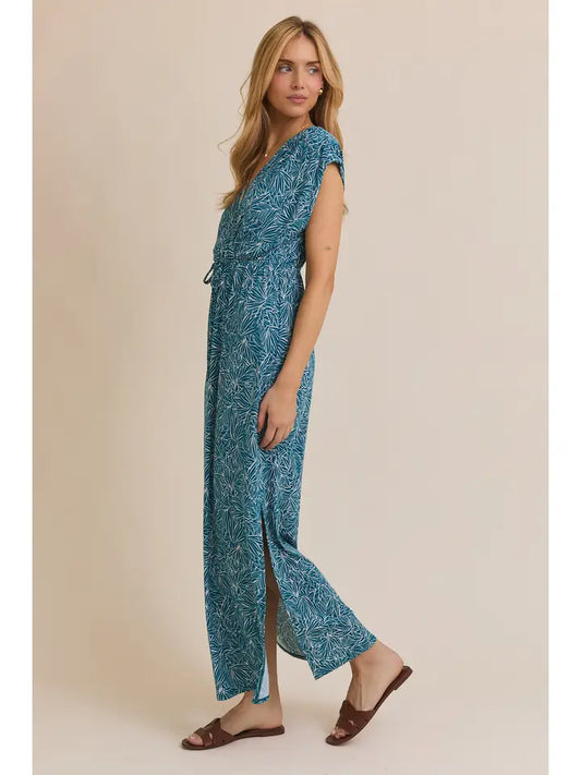 V-Neck Short Sleeve Waist Tie Tropical Print Dress