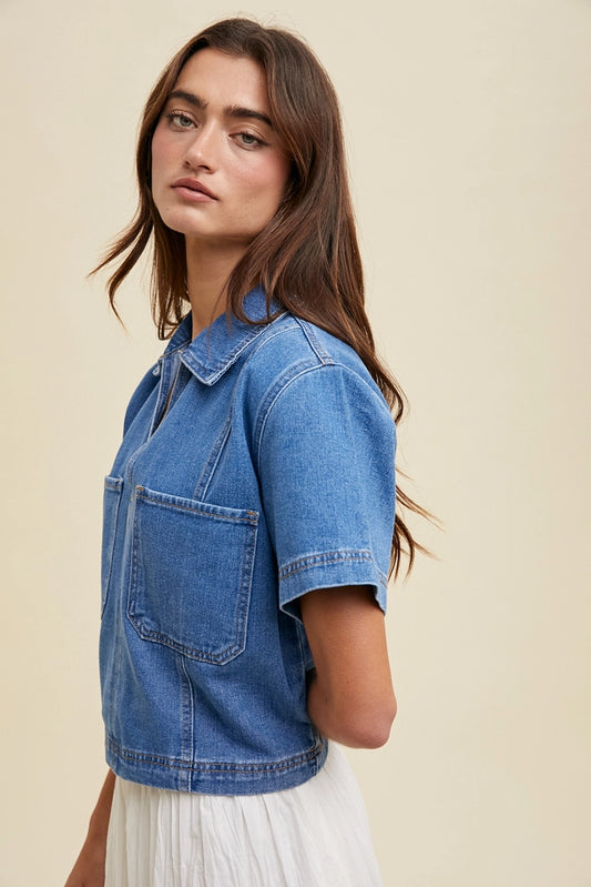 Collared Denim Top with Pocket