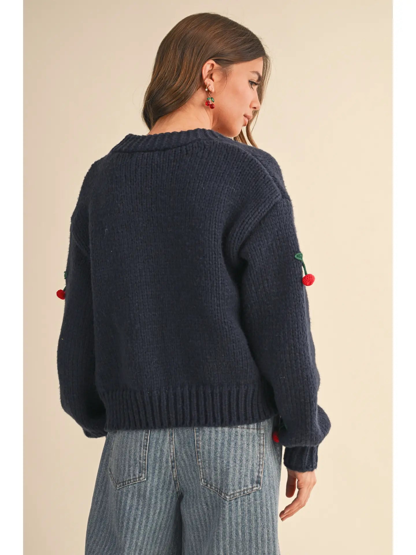 Long Sleeve Cherry Detailed Knit Cardigan