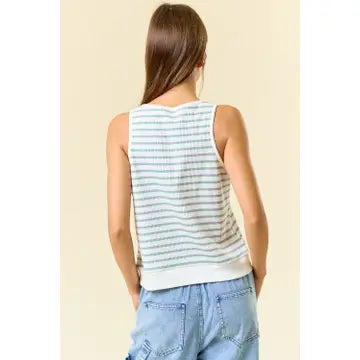 Stripe Rib Square Tie Front Sleeveless Top