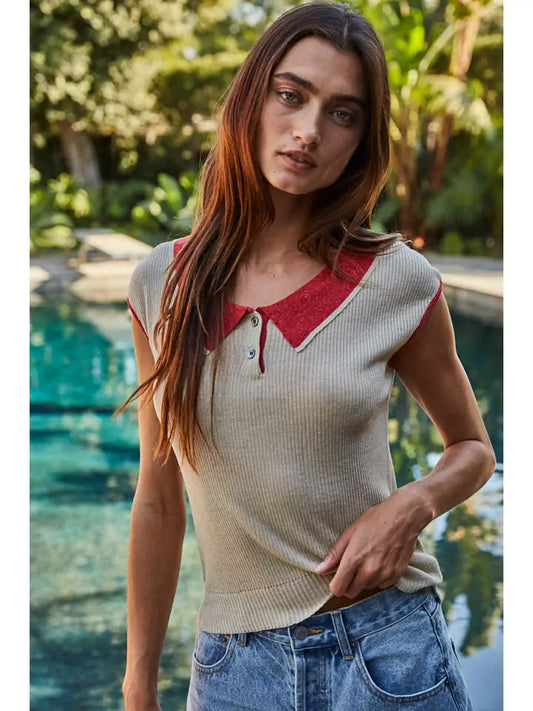 Knit Sweater Acrylic Tencel Linen Collar Neck Top