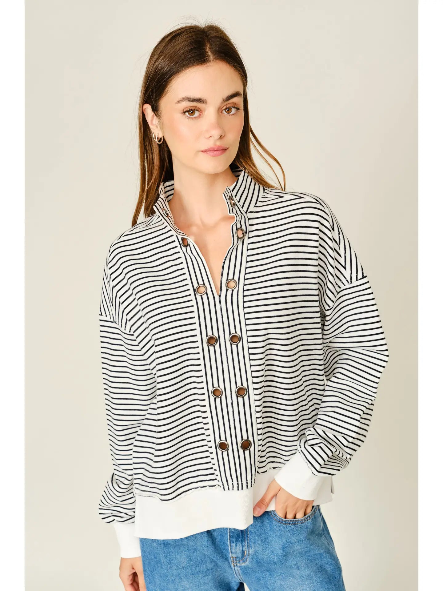 Pullover Striped Eyelet Detail Sweatshirts