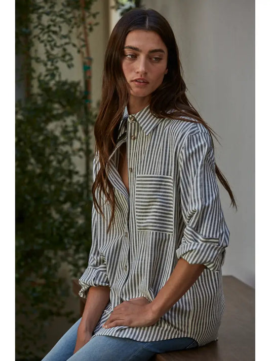 Woven Cotton Collar Neck Button Front Long Sleeve
