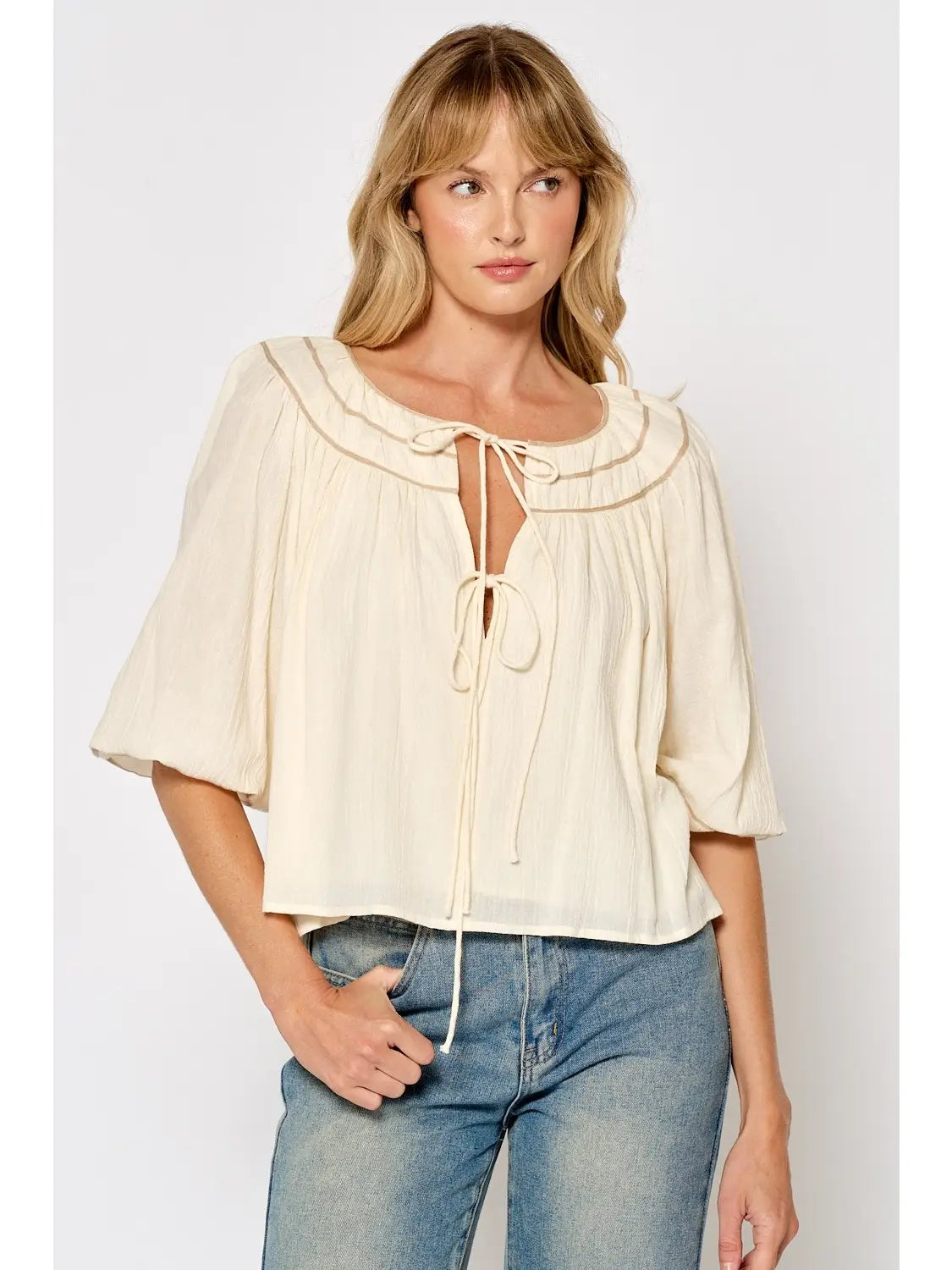 Front Tie Yoke Top with Puff Sleeves