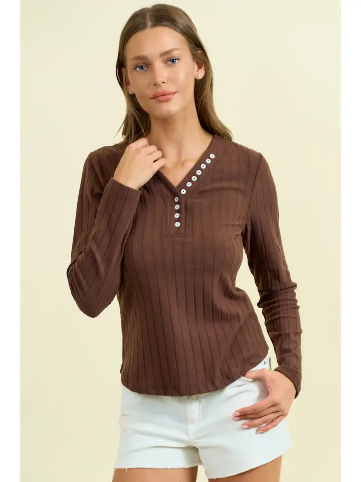 Cozy Rib Button-Adorned Neckline Long Sleeve Tee