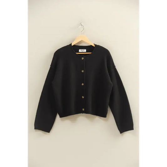 Relaxed Fit Roll Neck Button-Down Cardigan Sweater