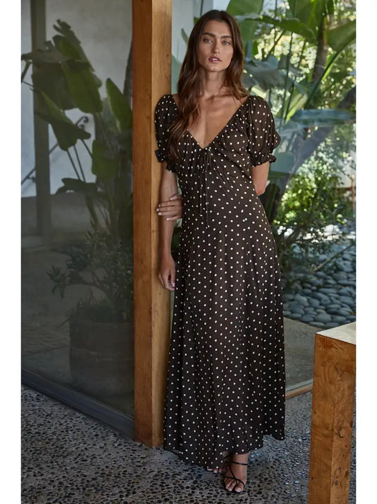 Woven Rayon Polyester Polka Dot Print Long Dress