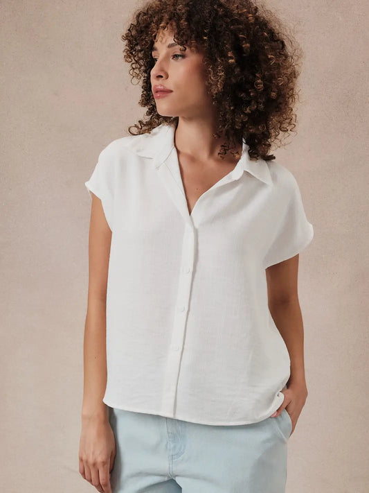 Wide Shoulder Sleeveless Button Down Shirt