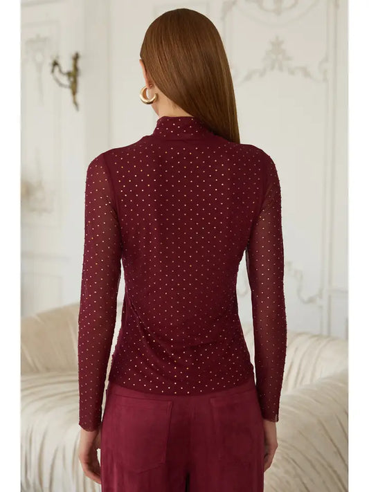 Embellished Mesh Mock Neck Top