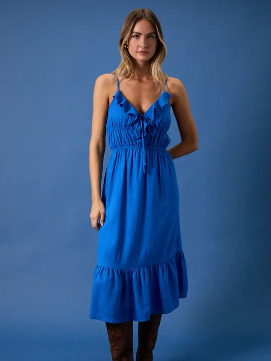 Sleeveless Ruffles On Neck Line Fit & Flare Midi Dress