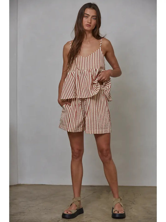 Woven Polyester Viscose Cotton Striped V-Neck Top