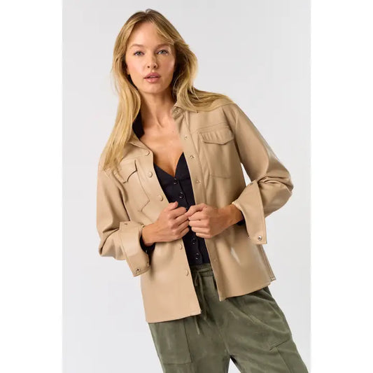 Leather Collared Long Sleeve Shirt Jacket