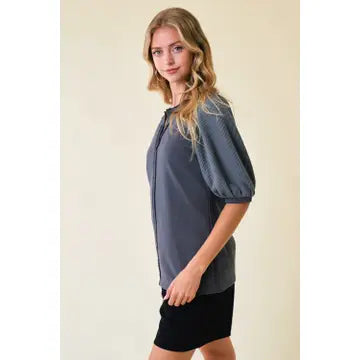 Ribbed Knit Puff Sleeve Top