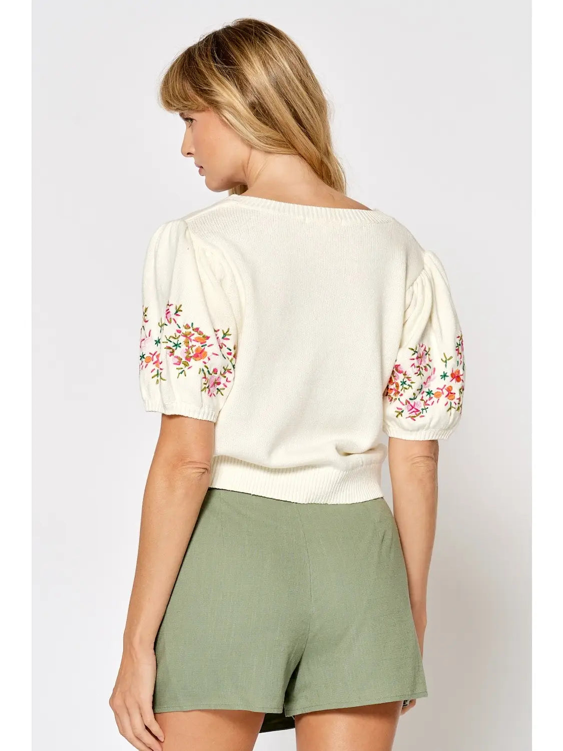 Floral Embroidered Short Puff Sleeve Sweater Top