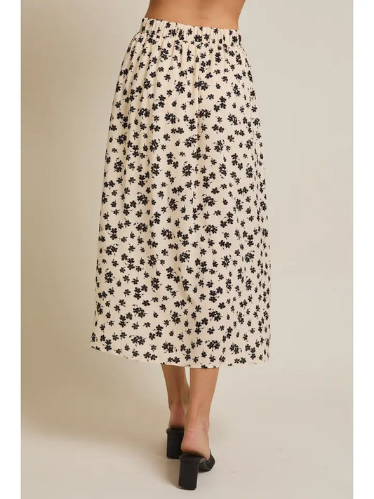 Button Down Flare Hem Floral Midi Skirt