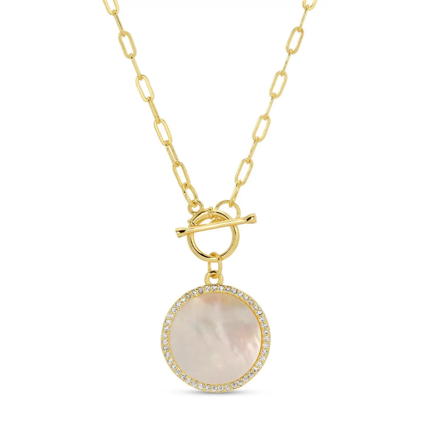 Mother of Pearl Pavé Circle Toggle Necklace