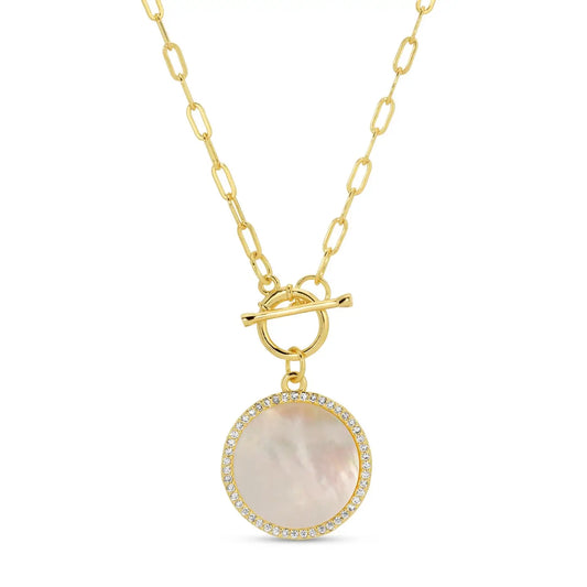 Mother of Pearl Pavé Circle Toggle Necklace