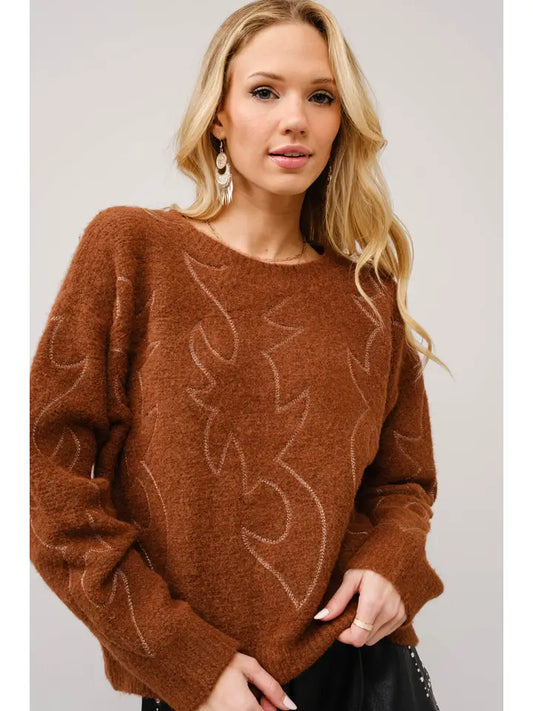 Western Boots Stitch Pattern Crew Neck Sweater