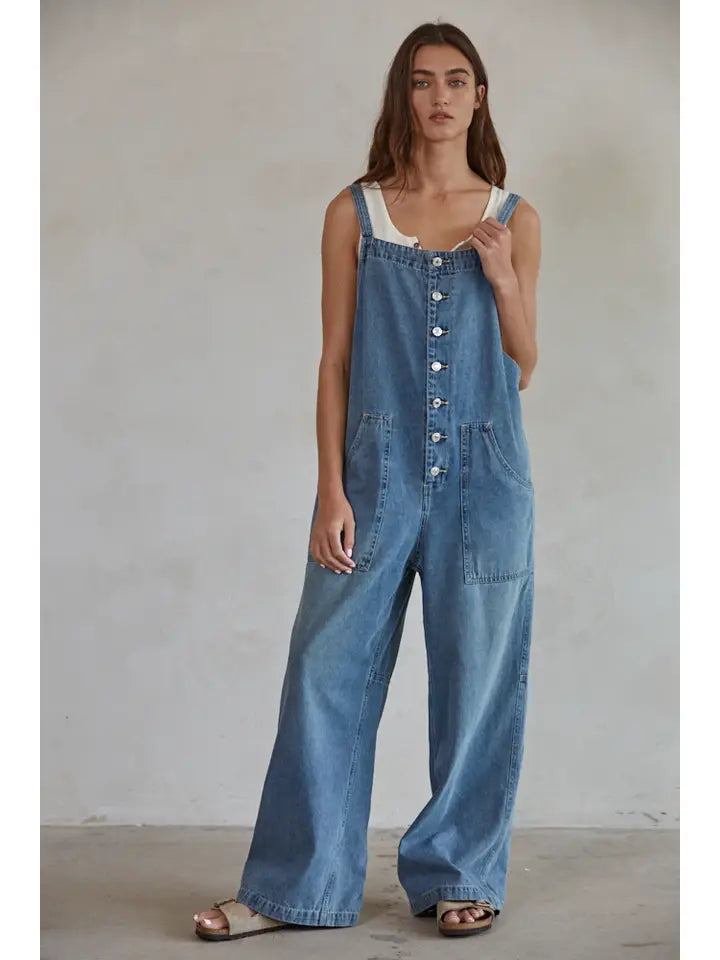 Denim Square Neck Button-Down Wide Leg Overalls