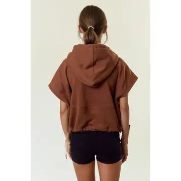 Drawstring Bottom Sleeveless Crop Length Hoodie