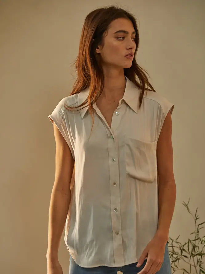 Woven Polyester Satin Sleeveless Button Down Top