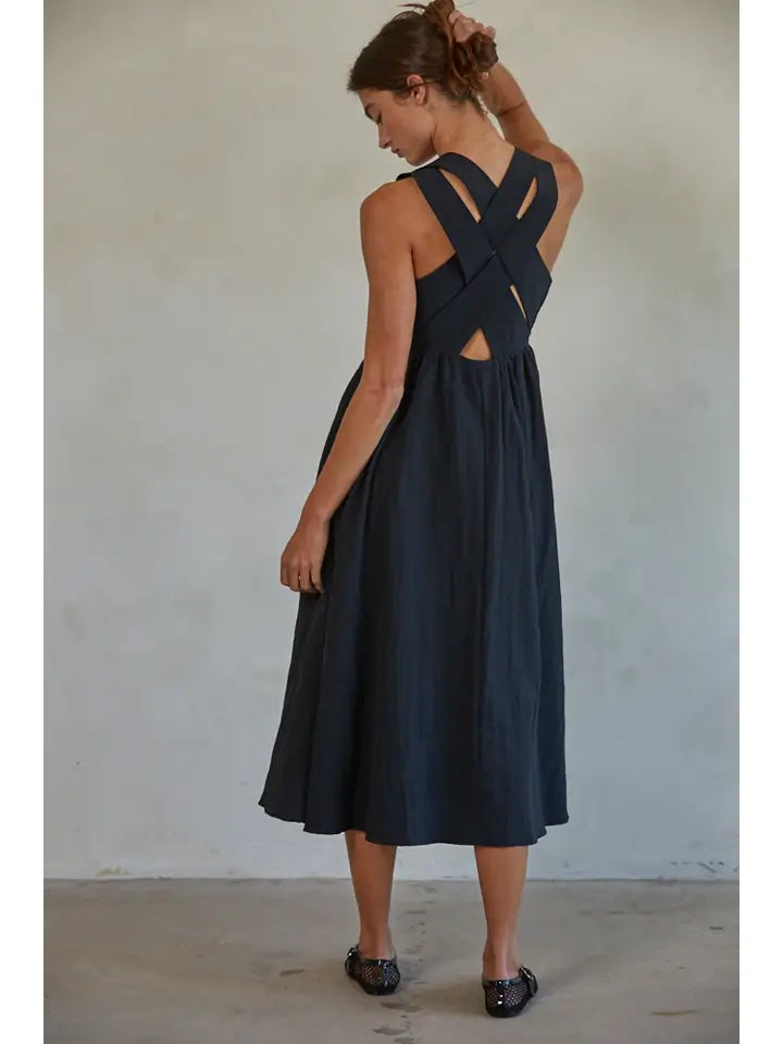 Woven Polyester Nylon Back Cross Strap Midi Dress