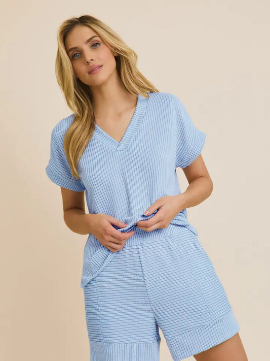 V Neck Roll Up Short Sleeve Sand Washed Model Top & Shorts