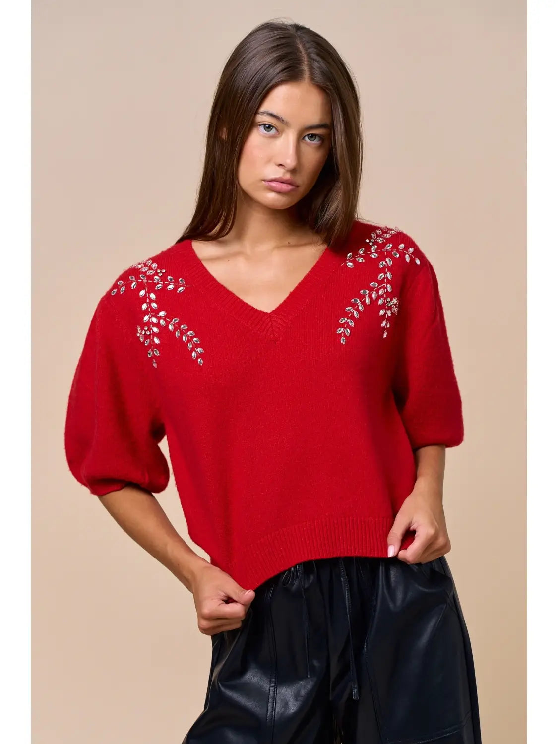 Peplum Sleeve Embroidered Leaves Sweater