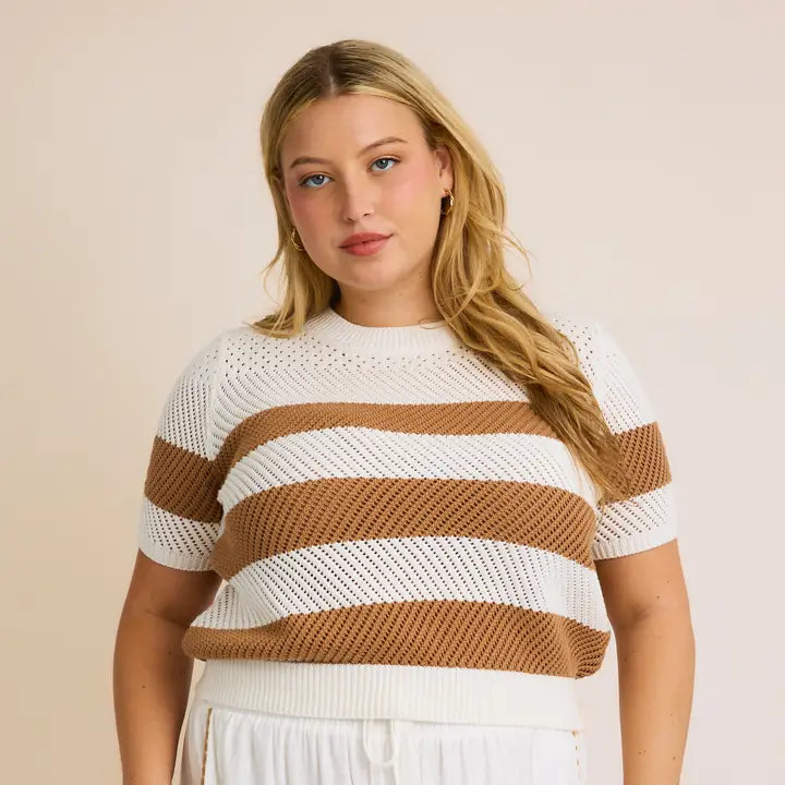 Full Size Run Short Sleeve Stripe Sweater Top