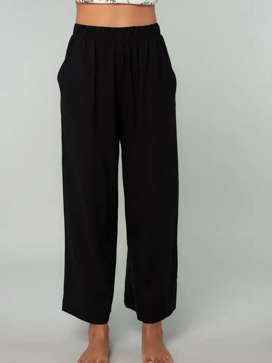 Black Linen Blend Straight Leg Bottoms