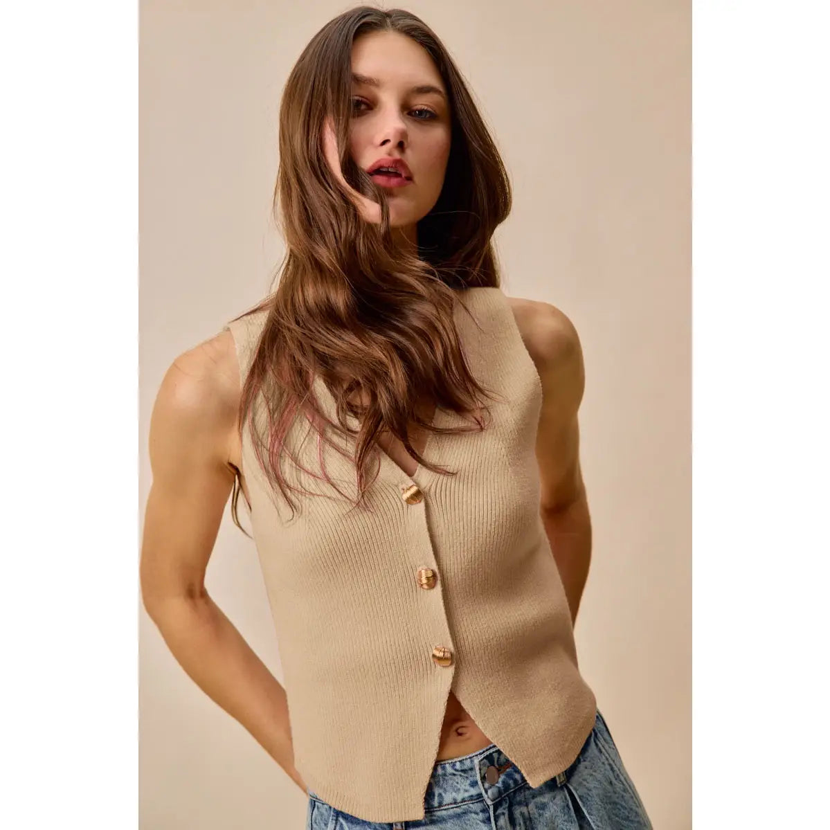Knitted Sweater Vest Top with Metal Buttons
