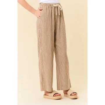 Linen Blend Stripe Wide Leg Pants W/Pocket
