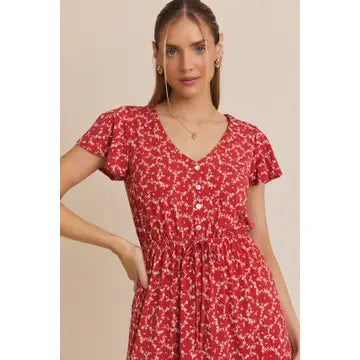 Button Down Elastic Tie Ditsy Dress