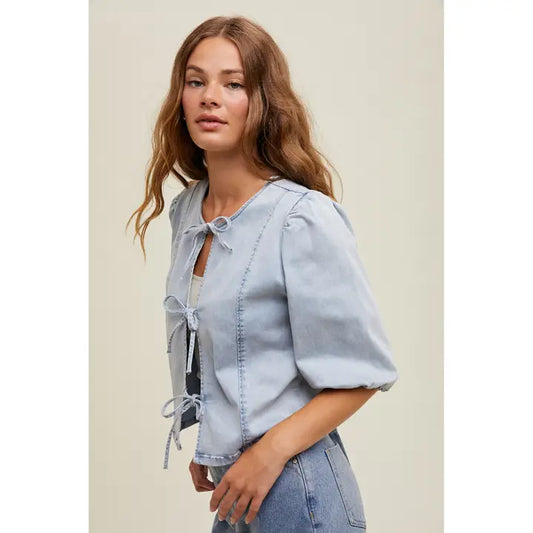 Self Front Tie Denim Top
