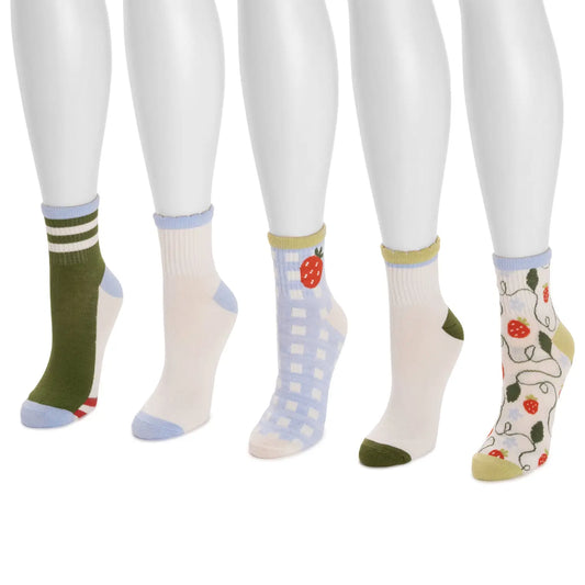 Quarter Crew Novelty Socks 5 Pack - strawberry
