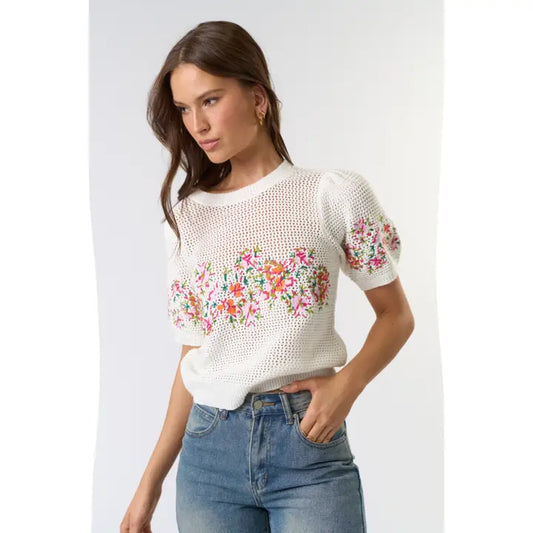 Short Puff Sleeve Embroidered Floral Crochet Top
