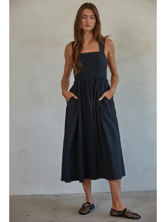 Woven Polyester Nylon Back Cross Strap Midi Dress