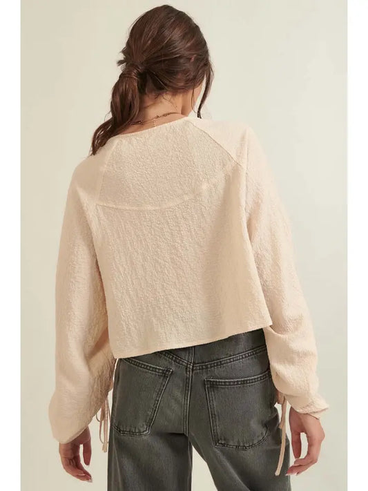 Woven Square Neck Drawstring Sleeve Peasant Blouse