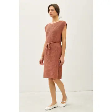 Crewneck Cap Sleeve Belted Sweater Dress