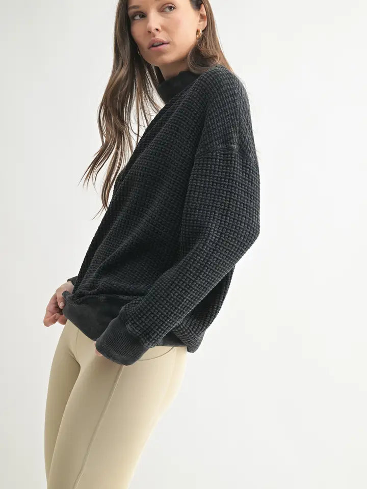 Chunky Waffle Mineral Wash Mock Neck Sweater